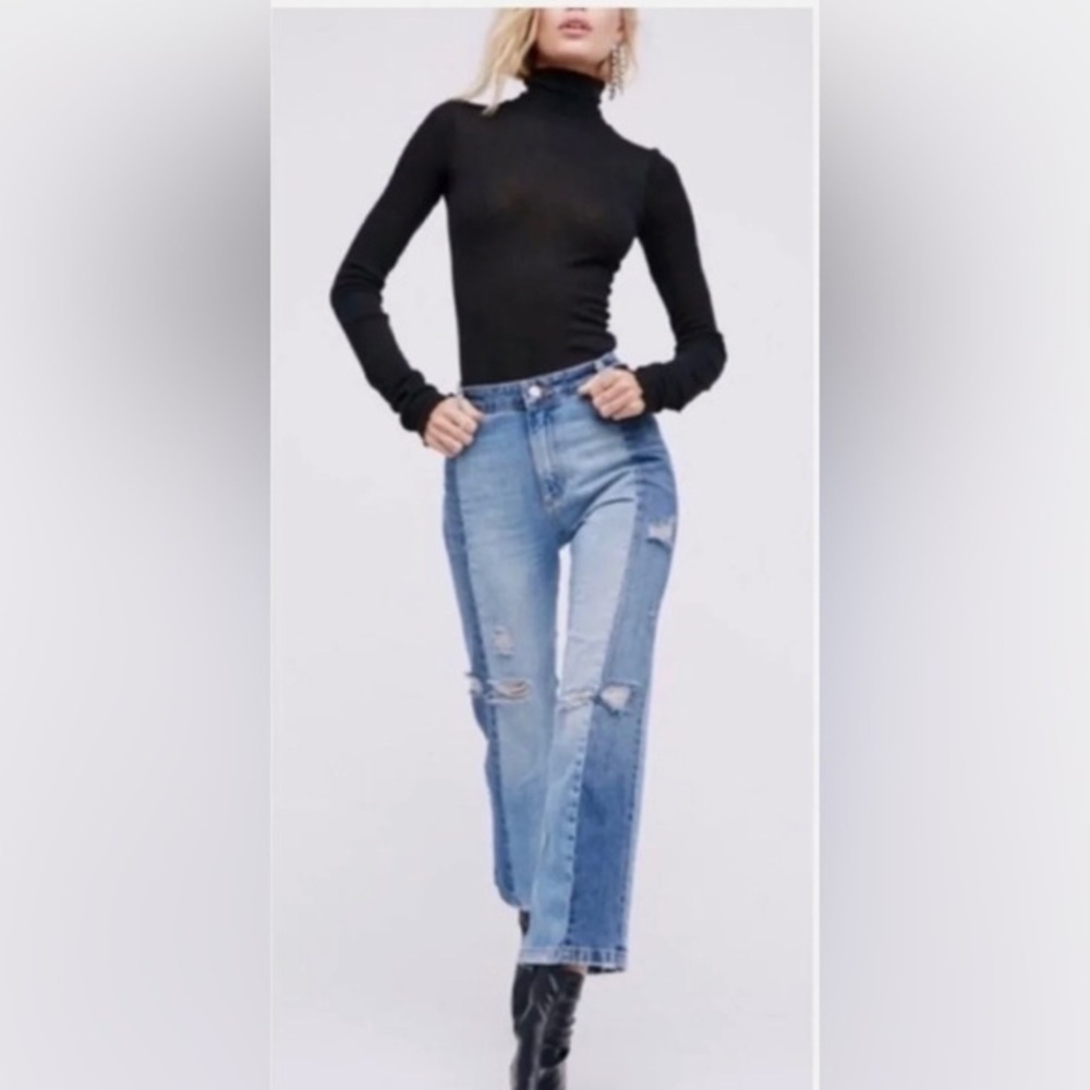 👖 Free People Two Tone Patchwork Distressed Straight Jeans 26